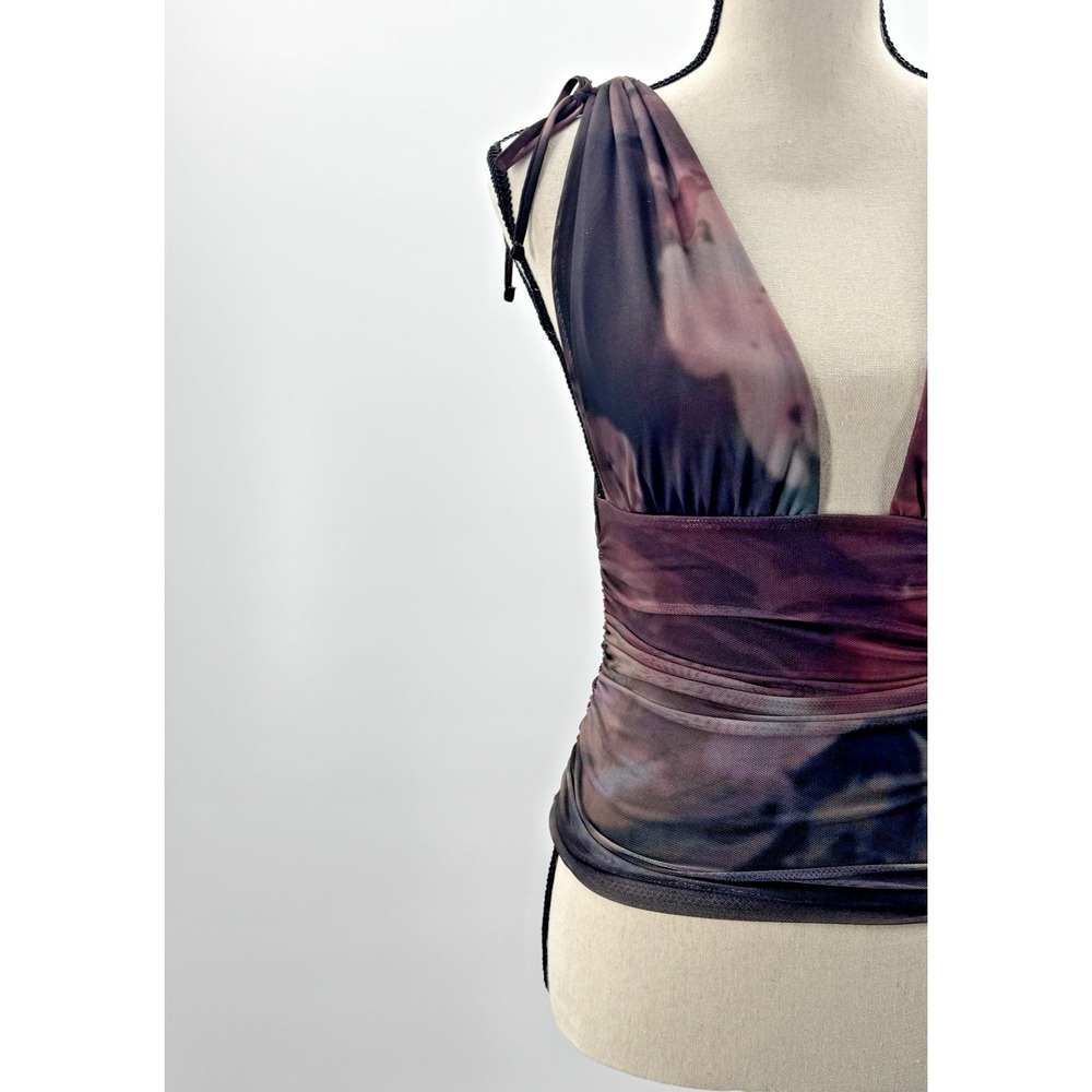 Whimsigoth Windsor Mesh Deep V Ruched Top Small Tie Straps Dark Fairy Romantic - Picture 2 of 8